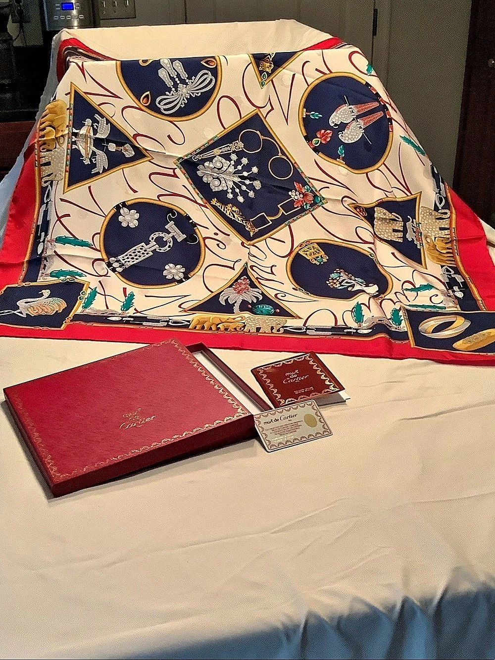 Cartier Must de Cartier Jewelry & Animals Print Silk Scarf Red & Cream